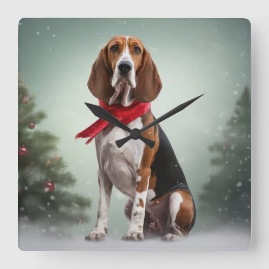 Treeing Walker Coonhound Hund in Schnee Weihnachte Quadratische Wanduhr (Vorderseite)