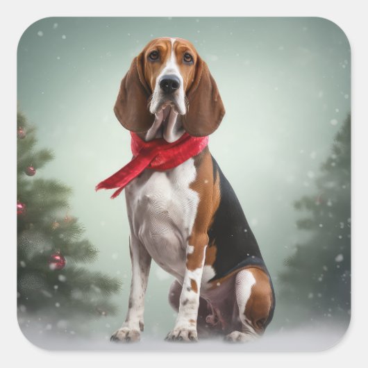 Treeing Walker Coonhound Hund in Schnee Weihnachte Quadratischer Aufkleber (Vorderseite)