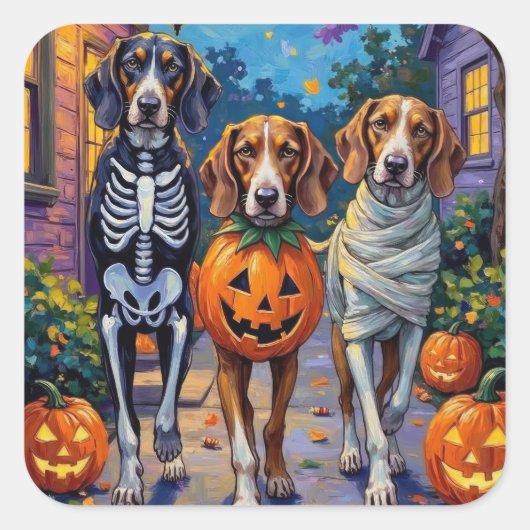 Treeing Walker Coonhound In Halloween Costumes Quadratischer Aufkleber (Vorderseite)