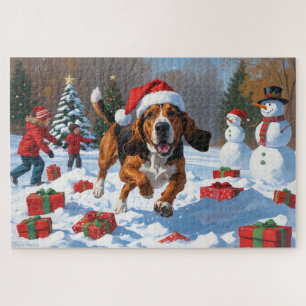 Treeing Walker Coonhound Schnee mit Weihnachtsmütz Puzzle