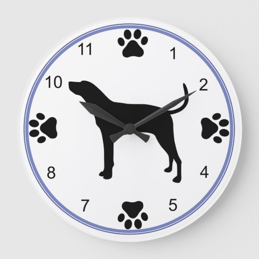 Treeing Walker Coonhound-Silhouette mit Pawprints Große Wanduhr (Vorderseite)