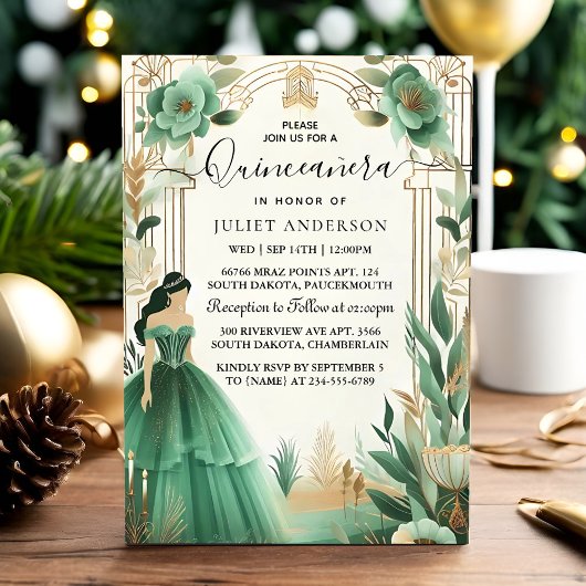 Trees Gold Mint Glam Emerald Green Quinceanera Einladung