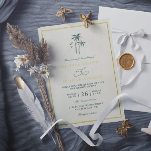 Trees Palm Coastal Drift Beach QR Code Wedding Einladung