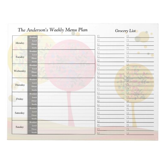 Trees Weekly Personalisiert Menu Plan Notepad Notizblock (Vorderseite)