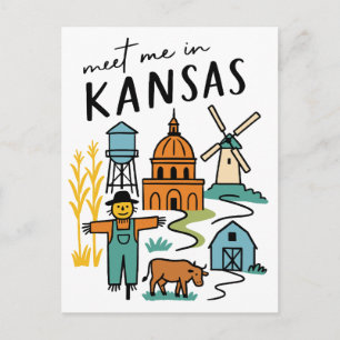 Treffe mich in Kansas Retro-Farm-Vogelscheuche Win Postkarte