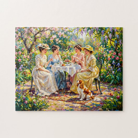 Treffen der Damen im Garten mit Cavalier Spaniel Puzzle (Horizontal)