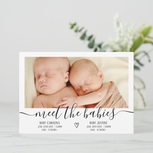 Treffen Sie Babys Skript Herz 3 Foto Baby Zwilling Ankündigung (Stehend Vorderseite)