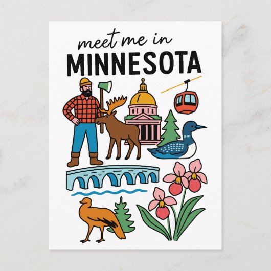 Treffen Sie mich in Minnesota Loon Moose Lumberjac Postkarte (Vorderseite)