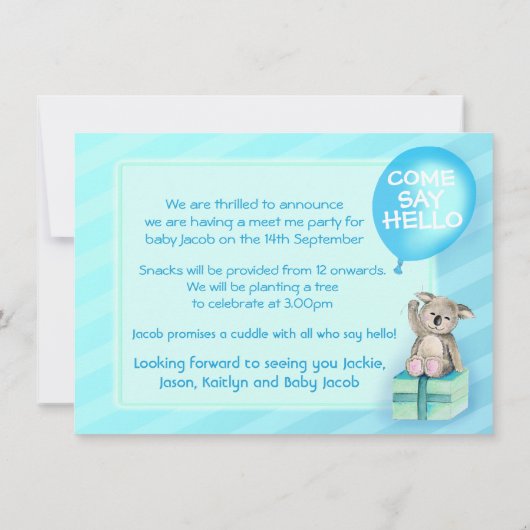 Treffen Sie mich neuen Baby Junge koala Party lade Einladung (Rückseite)