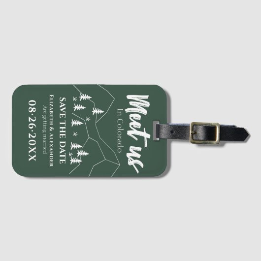 Treffen Sie uns Forest Wedding Calligraphy Save th Gepäckanhänger (Vorderseite (Horizontal))