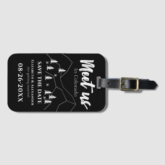 Treffen Sie uns Forest Wedding Calligraphy Save th Gepäckanhänger (Vorderseite (Horizontal))