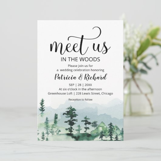 Treffen Sie uns im Wald draußen Hochzeitseinladung (Stehend Vorderseite)