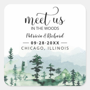 Treffen Sie uns im Wald im Freien Hochzeit retten Quadratischer Aufkleber
