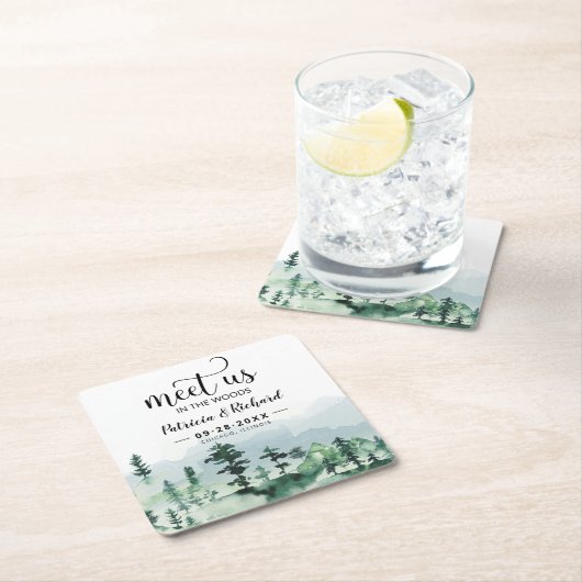 Treffen Sie uns im Wald im Freien Hochzeit retten Rechteckiger Pappuntersetzer (Vor Ort)