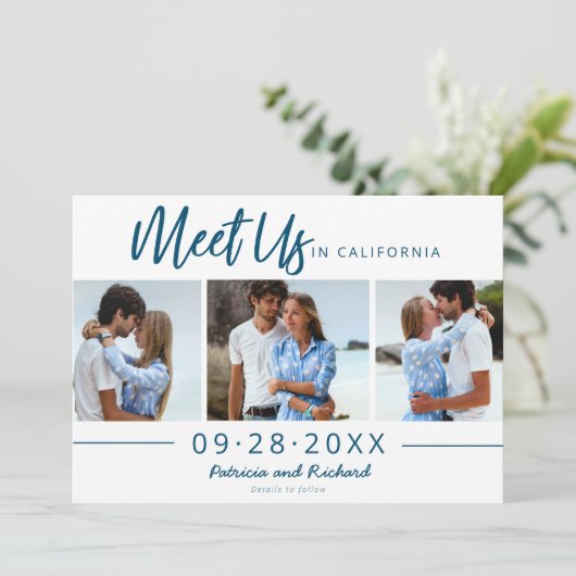 Treffen Sie uns im Ziel Save the Date 3 Foto Einladung (Stehend Vorderseite)