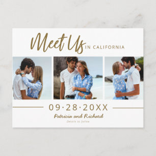 Treffen Sie uns in Hochzeit speichern Sie das 3 Fo Postkarte