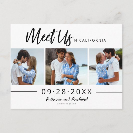 Treffen Sie uns in Hochzeit speichern Sie das 3 Fo Postkarte (Vorderseite)