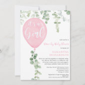 Treib-Mädchen Babydusche rosa Ballon Eukalyptus Einladung (Vorderseite)
