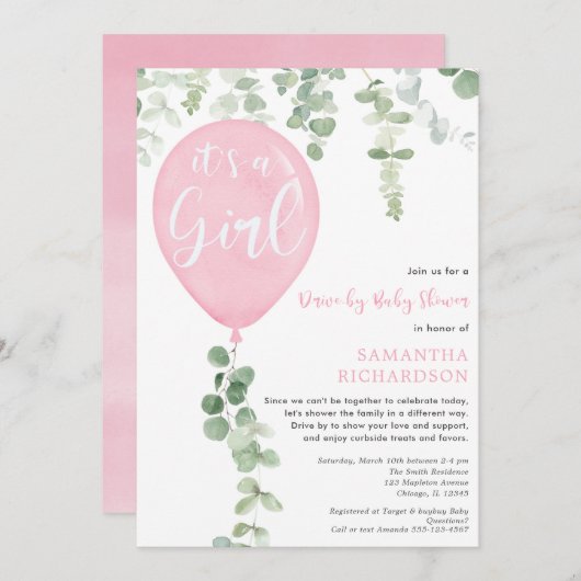 Treib-Mädchen Babydusche rosa Ballon Eukalyptus Einladung (Vorne/Hinten)