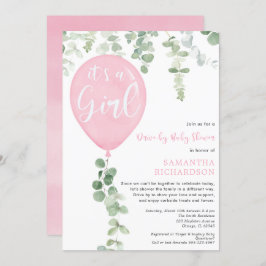 Treib-Mädchen Babydusche rosa Ballon Eukalyptus Einladung