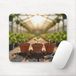 Treibhaus-Pflanzenkeimling in einem Tongefäß Mousepad