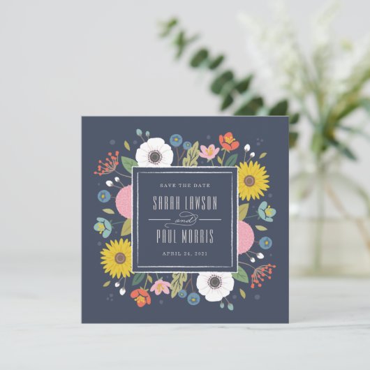 Trellis Blume Frame Save the Date - Navy Blue (Stehend Vorderseite)