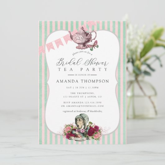 Trend Alice im Wunderland Tee Party Brautparty Einladung (Stehend Vorderseite)