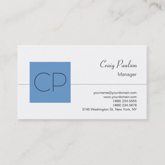 Trend Blue Strip Monogram White Business Card Visitenkarte (Vorderseite)