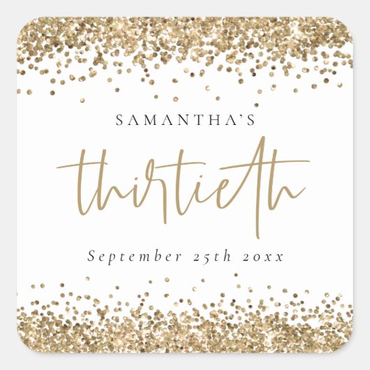 Trend Gold Glitzer Name Datum Dreißig Quadratischer Aufkleber (Vorderseite)
