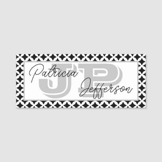 Trend Schwarz-Weiß-Mesh-Border-Monogramm Namensschild (Vorderseite)