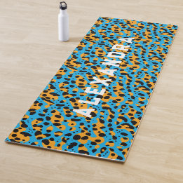 Trendblau und orange Leopardenmuster und Name Yogamatte