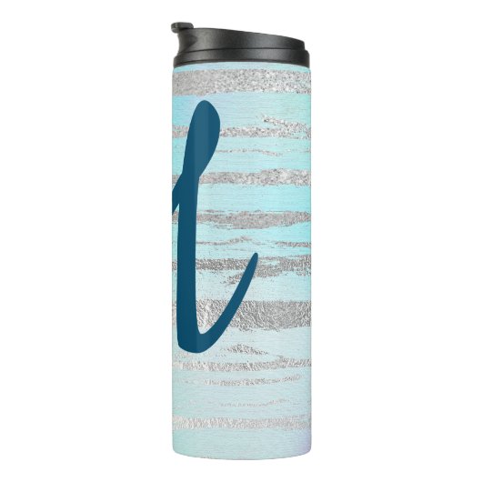 Trendblau und silber Monogramm Thermosbecher (Nach rechts gedreht)