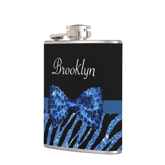 Trendblue Zebra Print IMITATE Glitz Bow mit Namen Flachmann (Links)