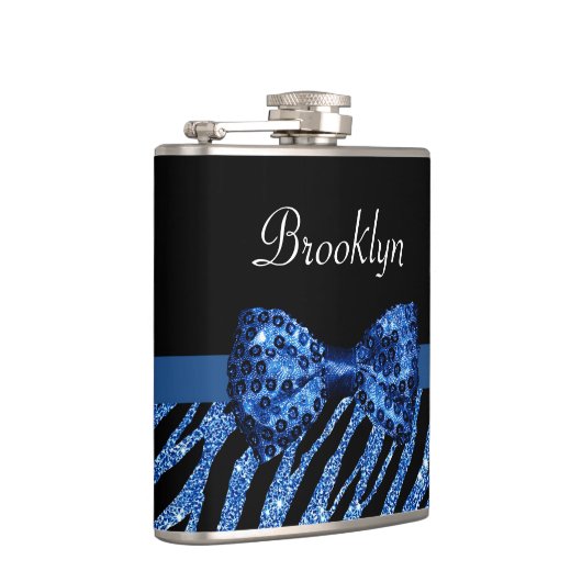 Trendblue Zebra Print IMITATE Glitz Bow mit Namen Flachmann (Rechts)