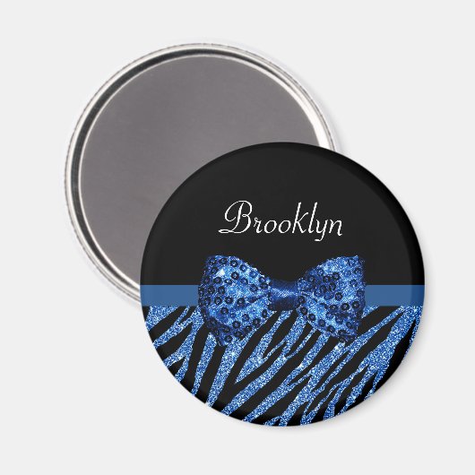 Trendblue Zebra Print IMITATE Glitz Bow mit Namen Magnet (Vorderseite/Rückseite)