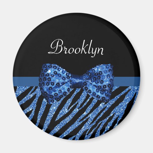 Trendblue Zebra Print IMITATE Glitz Bow mit Namen Magnet (Vorne)