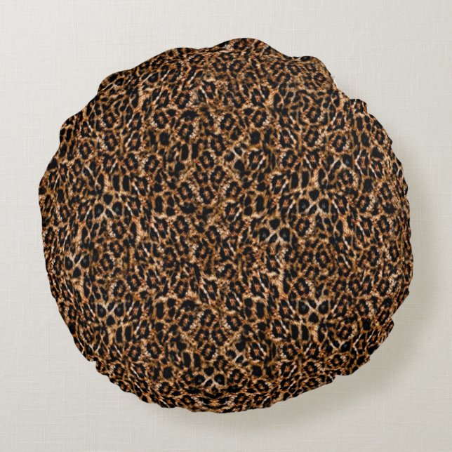 Trendbraune Exotic Fur Muster Leopard Print Rundes Kissen (Rückseite)