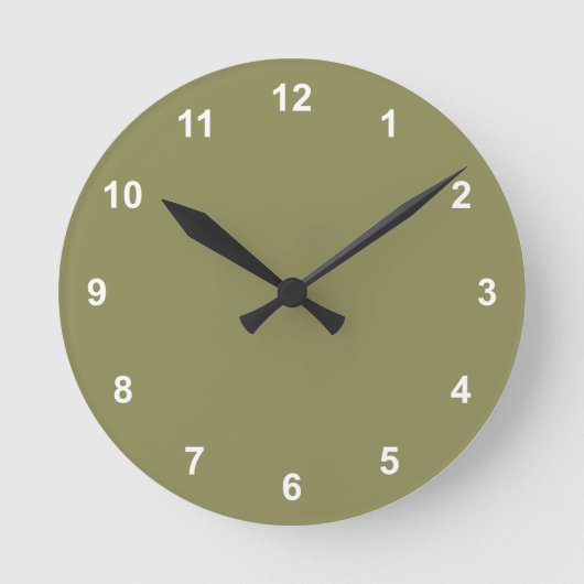 Trendfarbe - Olivgrüne runde Uhr mit Zahlen (Vorderseite)