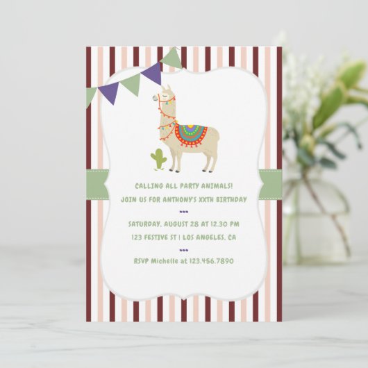Trendfarben Llama Birthday Party Einladung (Stehend Vorderseite)