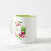 Trendfarbene, heiß rosa Rose und Limone Monogramme Zweifarbige Tasse (Vorderseite Links)