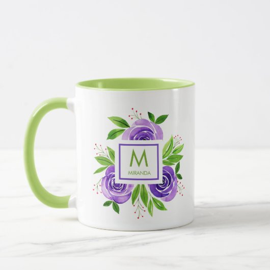 Trendfarbene Lila und Limone Rose Monogramm Tasse (Links)