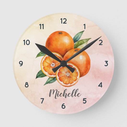 Trendfarbene Personalisierte Orangenfrucht Runde Wanduhr (Vorderseite)