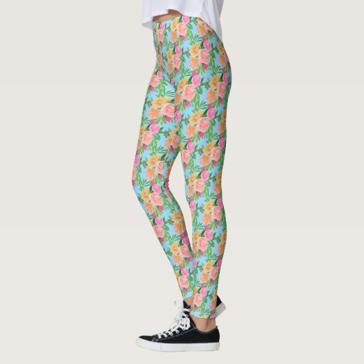 Trendfarbene, rosafarbene Blume auf hellblau Leggings (Links)