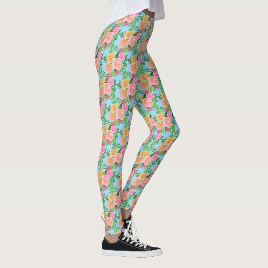 Trendfarbene, rosafarbene Blume auf hellblau Leggings (Rechts)
