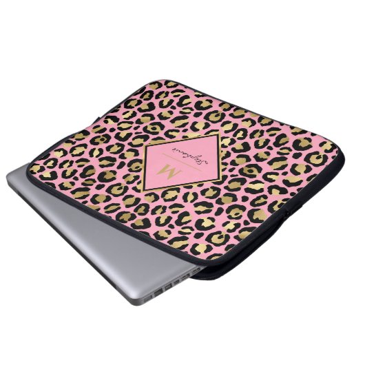 Trendfarbene Schwarz-Rosa- und Goldleoparddrucke | Laptopschutzhülle (Vorne Knopf)