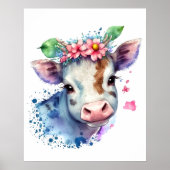 Trendfarbener Bauernhof Kuh und Wildblumen Kinderz Poster (Vorne)