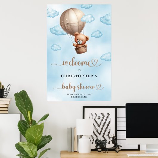 Trendfarbener Teddy in Aquarellfarbe Heißluftballo Poster (Heimbüro)