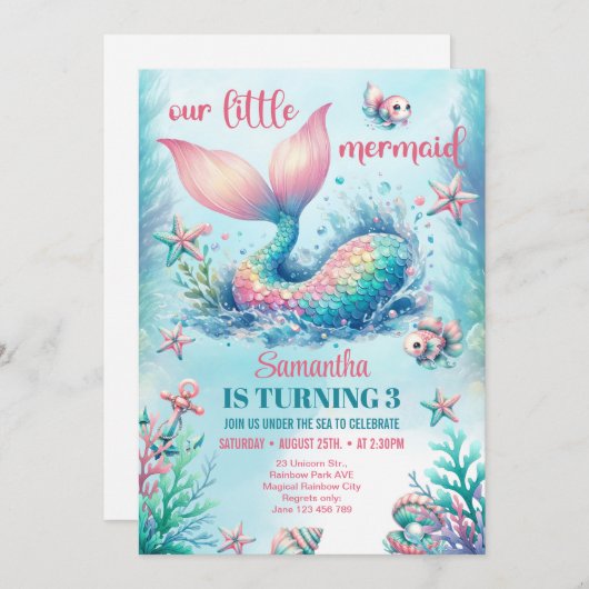 Trendfarbener türkisfarbener Meerjungfrau Schwanz Einladung (Vorne/Hinten)