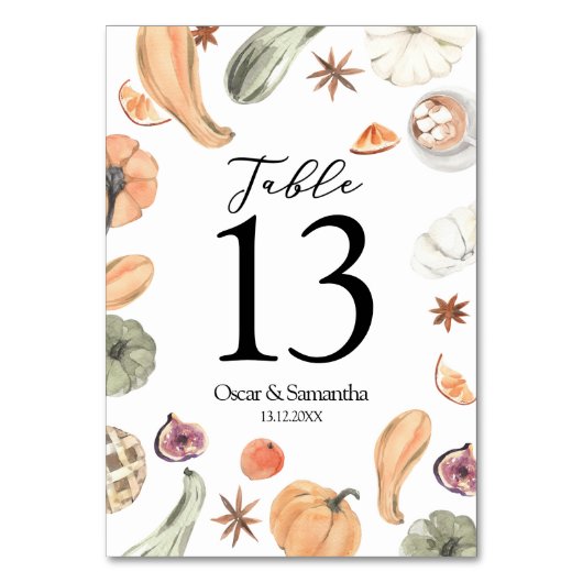 Trendfarbener Wasserfarbenkürbis | Herbstwoben Tischnummer (Vorderseite)