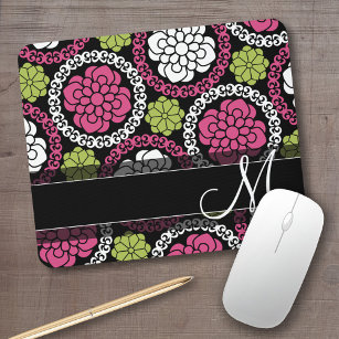 Trendfarbenes Muster (Hot Pink und Black Monogram) Mousepad